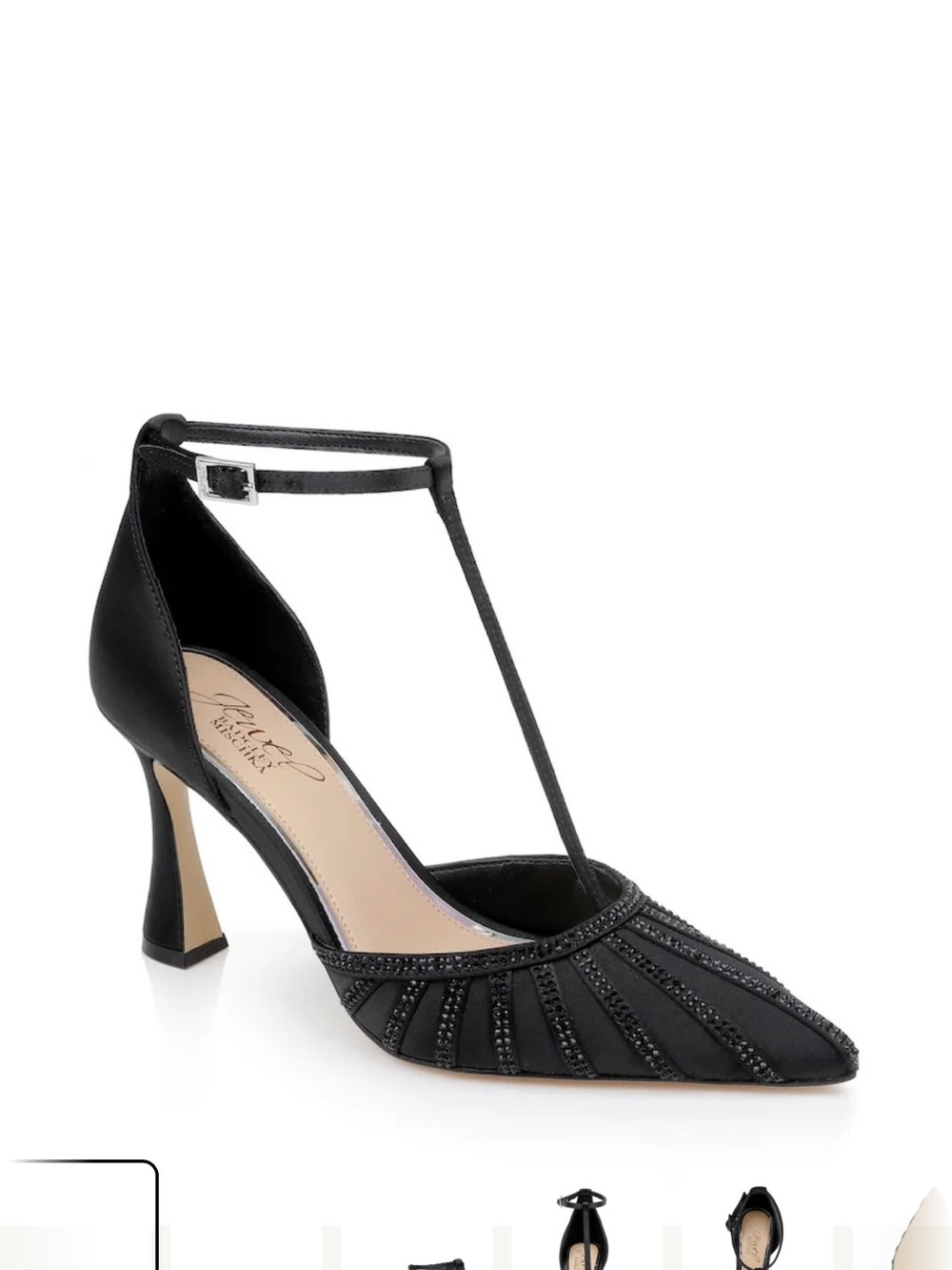 Badgley Mischka Black T-Strap Pointed Toe Heels with Beaded Detail